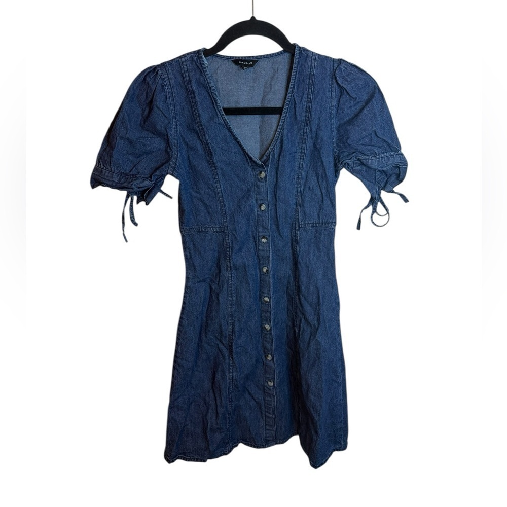 Sim & Sam Dark Wash Denim Button Front Puff Sleeve Dress